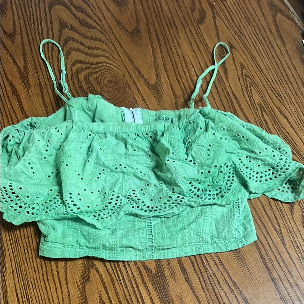 Essue Green Ruffled Smocked Crop Blouse
